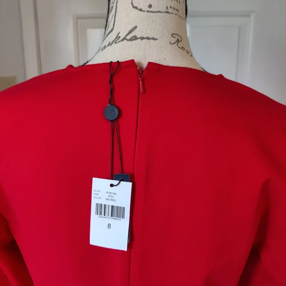 Magaschoni Red Dress‎ Cocktail Size 8 Stretchy 3/4 Sleeve Business Career